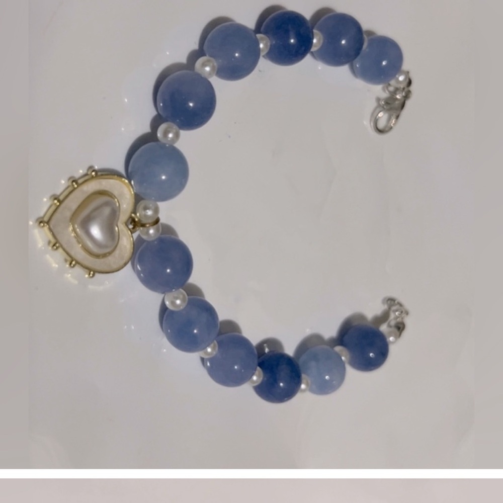 Blue and Gold Beaded Bracelet with Heart Pendant